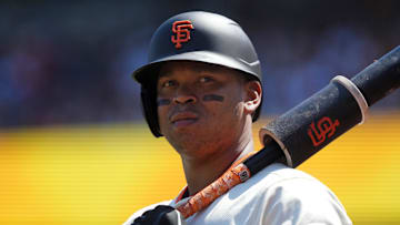 Jul 12, 2025; San Francisco, California, USA; San Francisco Giants designated hitter Rafael Devers (16) during the eighth inning against the Los Angeles Dodgers at Oracle Park.