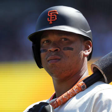 Jul 12, 2025; San Francisco, California, USA; San Francisco Giants designated hitter Rafael Devers (16) during the eighth inning against the Los Angeles Dodgers at Oracle Park.