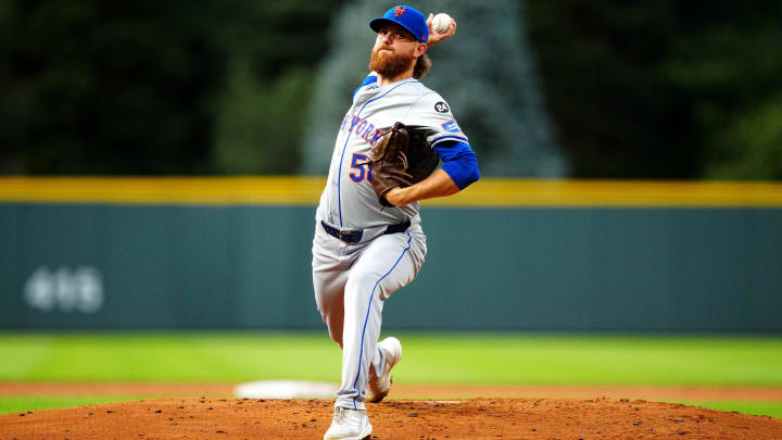 Aug 7, 2024; Denver, Colorado, USA; New York Mets starting pitcher Paul Blackburn (58) delivers a pitch in the first inning against the Colorado Rockies at Coors Field. Mandatory Credit: Ron Chenoy-USA TODAY Sports