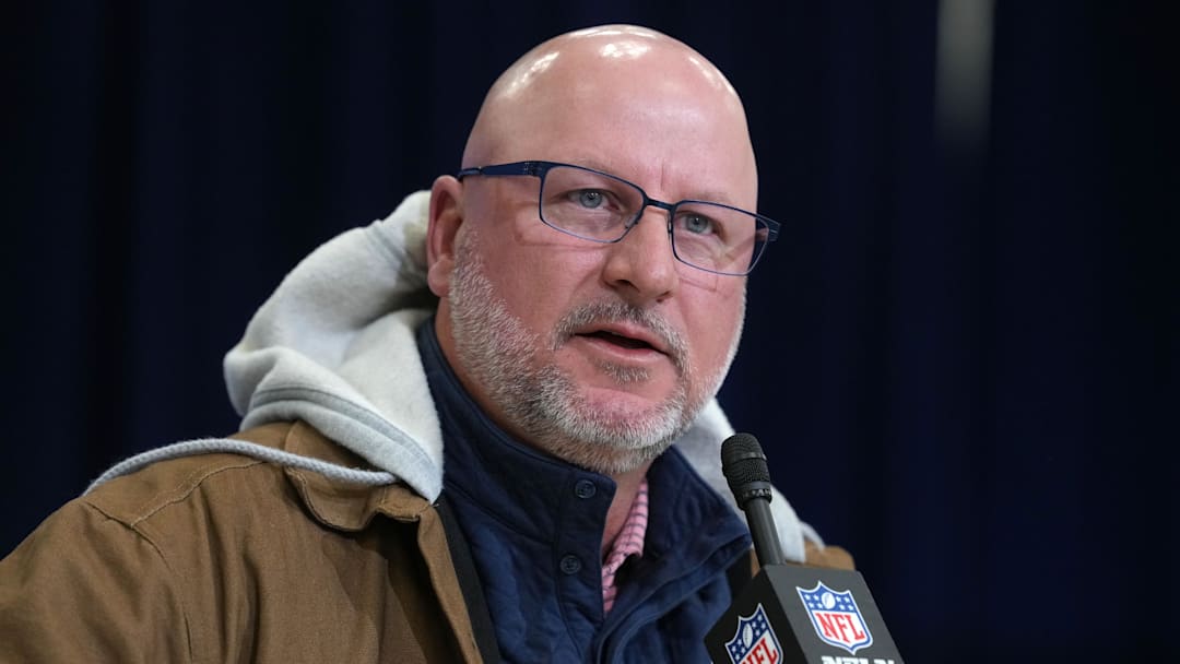 Feb 24, 2026; Indianapolis, IN, USA; Los Angeles Chargers general manager Joe Hortiz speaks at the NFL Scouting Combine at the Indiana Convention Center. Mandatory Credit: Kirby Lee-Imagn Images