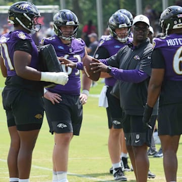 Jul 23, 2025; Owings Mills, MD, USA; Baltimore Ravens offensive line goes through drills during training camp at the Under Armour Performance Center. Mandatory Credit: Mitch Stringer-Imagn Images