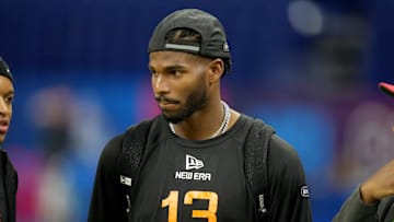 Mar 1, 2025; Indianapolis, IN, USA; Colorado quarterback Shedeur Sanders (QB13) during the 2025 NFL Combine at Lucas Oil Stadium. Mandatory Credit: Kirby Lee-Imagn Images
