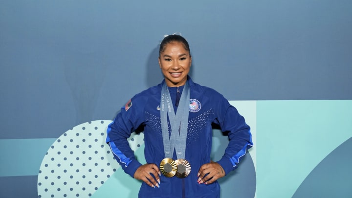 Jordan Chiles of the United States poses for a photo with her gold and bronze medasl after day three of the gymnastics event finals during the Paris 2024 Olympic Summer Games. 