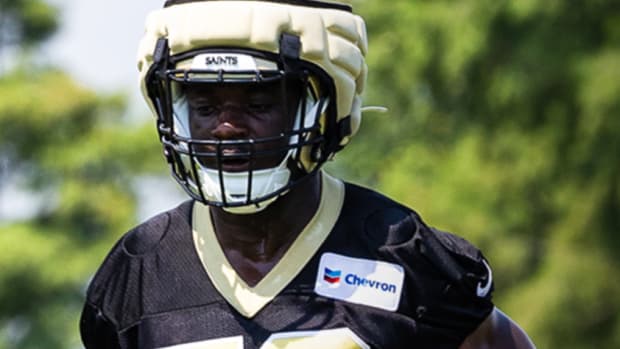 New Orleans Saints linebacker Monty Rice (59) during a training camp practice  