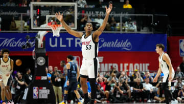 Jul 22, 2024; Las Vegas, NV, USA; Miami Heat guard Josh Christopher (53) reacts after scoring against the Memphis Grizzlies during the overtime at Thomas & Mack Center. Mandatory Credit: Lucas Peltier-USA TODAY Sports