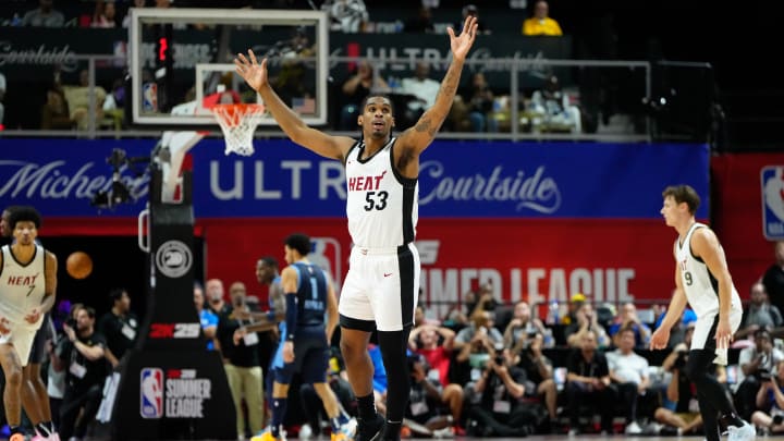 Jul 22, 2024; Las Vegas, NV, USA; Miami Heat guard Josh Christopher (53) reacts after scoring against the Memphis Grizzlies during the overtime at Thomas & Mack Center. Mandatory Credit: Lucas Peltier-USA TODAY Sports