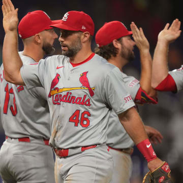 Jun 17, 2024; Miami, Florida, USA;  St. Louis Cardinals first baseman Paul Goldschmidt (46) celebrates a victory against the Miami Marlins with teammates at loanDepot Park. Mandatory Credit: Jim Rassol-USA TODAY Sports