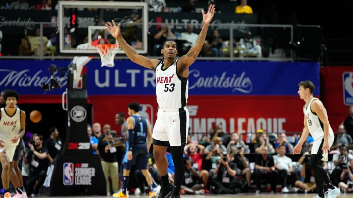 Jul 22, 2024; Las Vegas, NV, USA; Miami Heat guard Josh Christopher (53) reacts after scoring against the Memphis Grizzlies during the overtime at Thomas & Mack Center. Mandatory Credit: Lucas Peltier-USA TODAY Sports