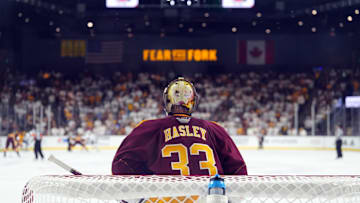 Oct 3, 2025; Tempe, AZ, USA; Arizona State Sun Devils goalie Connor Hasley (33) looks on against the Penn State Nittany Lions during the first period at Mullett Arena. Mandatory Credit: Joe Camporeale-Imagn Images