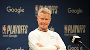 Apr 26, 2025; San Francisco, California, USA; Golden State Warriors head coach Steve Kerr talks to media members before game three of first round for the 2024 NBA Playoffs against the Houston Rockets at Chase Center. Mandatory Credit: Darren Yamashita-Imagn Images