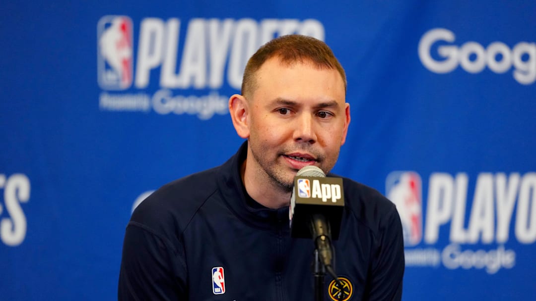 May 3, 2025; Denver, Colorado, USA; Denver Nuggets interim head coach David Adelman speaks before the game against the LA Clippers during game seven of first round for the 2025 NBA Playoffs at Ball Arena. Mandatory Credit: Ron Chenoy-Imagn Images