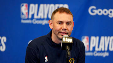 May 3, 2025; Denver, Colorado, USA; Denver Nuggets interim head coach David Adelman speaks before the game against the LA Clippers during game seven of first round for the 2025 NBA Playoffs at Ball Arena. Mandatory Credit: Ron Chenoy-Imagn Images