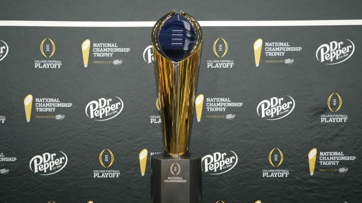 Jan 6, 2024; Houston, TX, USA; A general view of the National Championship Trophy during media day before the College Football Playoff national championship game between the Michigan Wolverines and the Washington Huskies.  Mandatory Credit: Kirby Lee-USA TODAY Sports