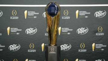 Jan 6, 2024; Houston, TX, USA; A general view of the National Championship Trophy during media day before the College Football Playoff national championship between the Michigan Wolverines and the Washington Huskies at George R Brown Convention Center. Mandatory Credit: Kirby Lee-USA TODAY Sports