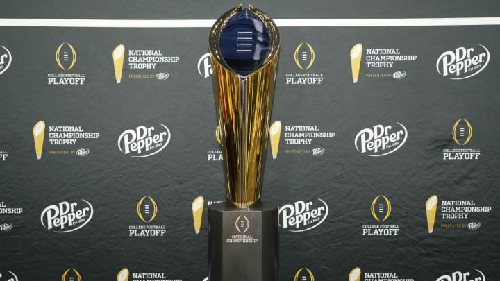 Jan 6, 2024; Houston, TX, USA; A general view of the National Championship Trophy during media day before the College Football Playoff national championship between the Michigan Wolverines and the Washington Huskies at George R Brown Convention Center. Mandatory Credit: Kirby Lee-USA TODAY Sports