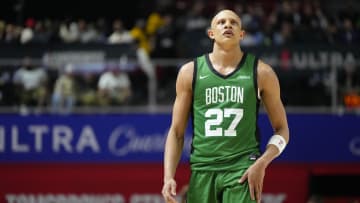 Jul 15, 2024; Las Vegas, NV, USA; Boston Celtics forward Jordan Walsh (27) competes against the Los Angeles Lakers during the second half at Thomas & Mack Center. Mandatory Credit: Lucas Peltier-USA TODAY Sports