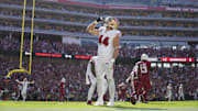 Sep 21, 2025; Santa Clara, California, USA; San Francisco 49ers fullback Kyle Juszczyk (44) celebrates after scoring a touchdown against the Arizona Cardinals during the second half at Levi's Stadium. Mandatory Credit: Kyle Terada-Imagn Images