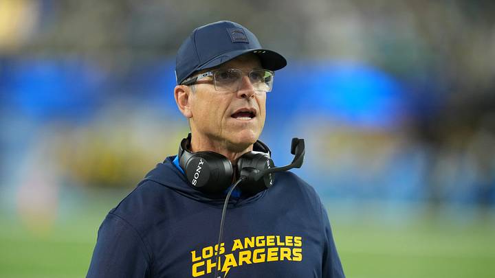 Dec 8, 2025; Inglewood, California, USA;  Los Angeles Chargers head coach Jim Harbaugh reacts in the first half against the Philadelphia Eagles at SoFi Stadium. Mandatory Credit: Kirby Lee-Imagn Images