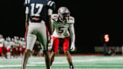 2027 defensive back Junior James (5)  lines up in front of a wideout from Hewitt-Trussville (Trussville, AL)