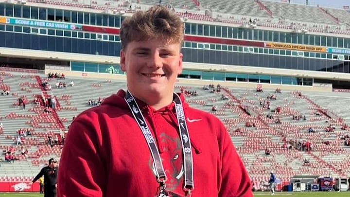 Fort Smith Southside offensive lineman Colby Castling stands on the sideline at Razorback Stadium during an unofficial visit to Arkansas Nov. 22, 2024. Fort Smith Southside offensive lineman Colby Castling stands on the sideline at Razorback Stadium during an unofficial visit to Arkansas Nov. 22, 2024.