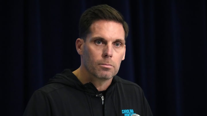 Feb 27, 2024; Indianapolis, IN, USA; Carolina Panthers general manager Dan Morgan speaks at a press conference during the NFL Scouting Combine at Indiana Convention Center.