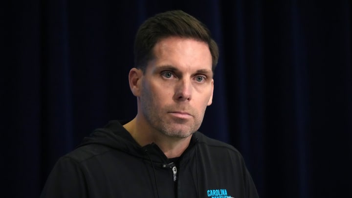 Feb 27, 2024; Indianapolis, IN, USA; Carolina Panthers general manager Dan Morgan speaks at a press conference during the NFL Scouting Combine at Indiana Convention Center. 