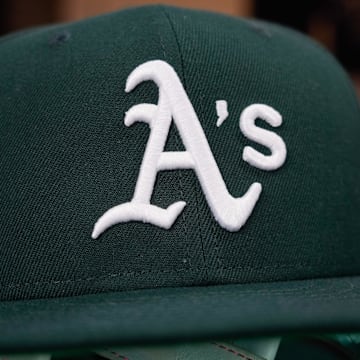 Apr 18, 2025; Milwaukee, Wisconsin, USA;  General view of an Athletics hat during batting practice prior to  the game against the Milwaukee Brewers at American Family Field.