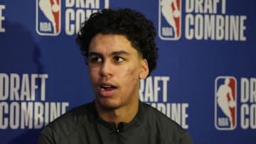 May 14, 2025; Chicago, Il, USA; Will Riley talks to the media during the 2025 NBA Draft Combine at Marriott Marquis Chicago. Mandatory Credit: David Banks-Imagn Images