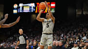 Dec 30, 2024; Boulder, Colorado, USA; Colorado Buffaloes guard RJ Smith (5) lines up a shot in the second half against the Iowa State Cyclones at CU Events Center. Mandatory Credit: Ron Chenoy-Imagn Images
