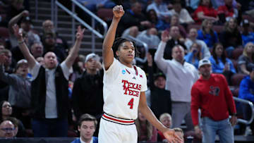 Mar 22, 2025; Wichita, KS, USA; Texas Tech Red Raiders guard Christian Anderson (4) reacts after a play against the Drake Bulldogs during the second half at Intrust Bank Arena. Mandatory Credit: Kirby Lee-Imagn Images