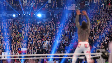 Feb 1, 2025; Indianapolis, IN, USA; Jey Uso celebrates after winning the Men’s Royal Rumble match during the WWE Royal Rumble at Lucas Oil Stadium. Mandatory Credit: Joe Camporeale-Imagn Images