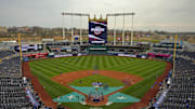 Mar 27, 2025; Kansas City, Missouri, USA; A general view of the field prior to a game between the Kansas City Royals and the Cleveland Guardians at Kauffman Stadium. Mandatory Credit: Jay Biggerstaff-Imagn Images
