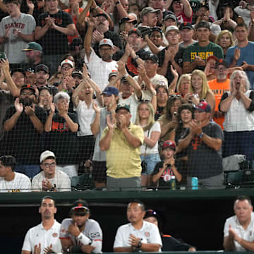 Jul 5, 2025; West Sacramento, California, USA; San Francisco Giants fans cheer after pitcher Logan Webb (62) is removed from the game during the seventh inning against the Athletics at Sutter Health Park. Mandatory Credit: Darren Yamashita-Imagn Images