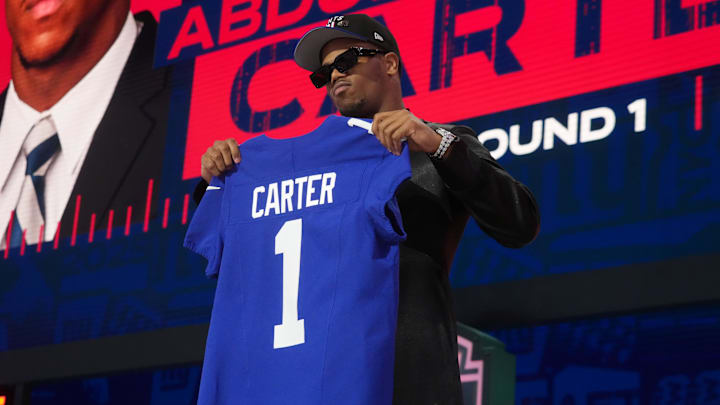 Apr 24, 2025; Green Bay, WI, USA; Penn State Nittany Lions defensive end Abdul Carter is selected by the New York Giants as the number three pick in the first round of the 2025 NFL Draft at Lambeau Field. Mandatory Credit: Kirby Lee-Imagn Images