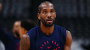 Apr 29, 2025; Denver, Colorado, USA; LA Clippers forward Kawhi Leonard (2) warms up before game five of the first round for the 2025 NBA Playoffs against the Denver Nuggets at Ball Arena. Mandatory Credit: Ron Chenoy-Imagn Images