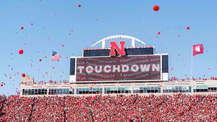 Oct 5, 2024; Lincoln, Nebraska, USA; Balloons are released after a touchdown by the Nebraska Cornhuskers against the Rutgers Scarlet Knights during the first quarter at Memorial Stadium. Oct 5, 2024; Lincoln, Nebraska, USA; Balloons are released after a touchdown by the Nebraska Cornhuskers against the Rutgers Scarlet Knights during the first quarter at Memorial Stadium.