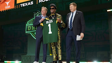 NFL commissioner Roger Goodell and Green Bay Packers president Mark Murphy with Texas Longhorns wide receiver Matthew Golden.