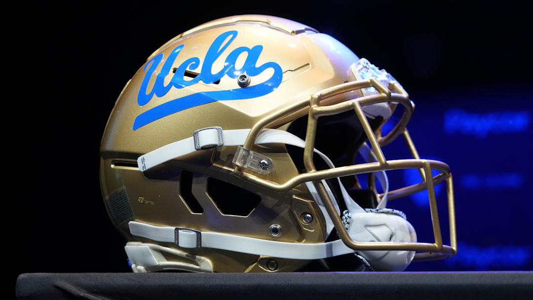 Jul 29, 2022; Los Angeles, CA, USA; A detailed view of UCLA Bruins helmet during Pac-12 Media Day at Novo Theater. Mandatory Credit: Kirby Lee-Imagn Images