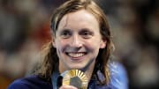 Jul 31, 2024; Nanterre, France; Katie Ledecky (USA) in the women’s 1,500-meter freestyle medal ceremony during the Paris 2024 Olympic Summer Games at Paris La Défense Arena. 
