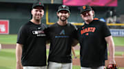 Sep 17, 2025; Phoenix, Arizona, USA; Arizona Diamondbacks pitchers Corbin Burnes, Zac Gallen, and San Francisco Giants pitcher Logan Webb pose for an image before a game at Chase Field. Mandatory Credit: Rick Scuteri-Imagn Images