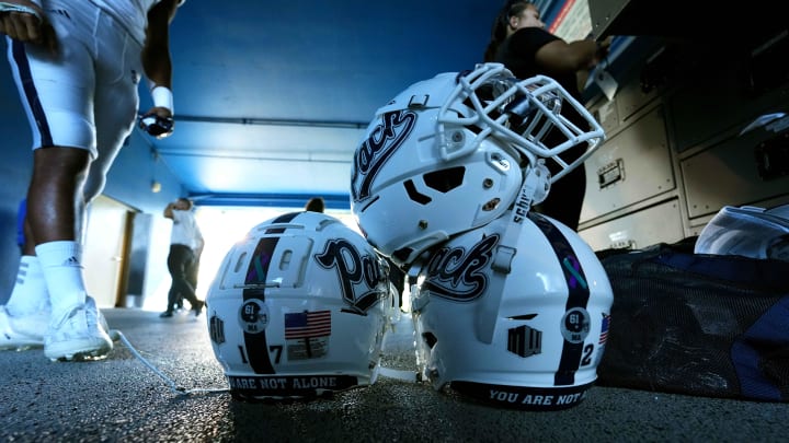 Sep 23, 2022; Colorado Springs, Colorado, USA; A detailed view of Nevada Wolf Pack helmets before the game against the Air Force Falcons at Falcon Stadium. Mandatory Credit: Ron Chenoy-USA TODAY Sports