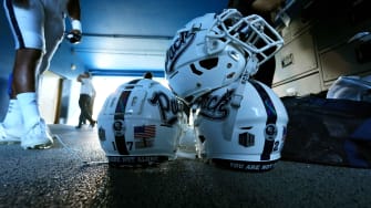 Sep 23, 2022; Colorado Springs, Colorado, USA; A detailed view of Nevada Wolf Pack helmets before the game against the Air Force Falcons at Falcon Stadium. Mandatory Credit: Ron Chenoy-USA TODAY Sports