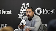 Nov 13, 2024; San Antonio, Texas, USA; San Antonio Spurs general manager Brian Wright speaks with the media about the health and absence of head coach Gregg Popovich before a game against the Washington Wizards at Frost Bank Center. Mandatory Credit: Scott Wachter-Imagn Images