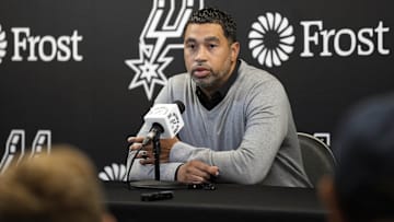 Nov 13, 2024; San Antonio, Texas, USA; San Antonio Spurs general manager Brian Wright speaks with the media about the health and absence of head coach Gregg Popovich before a game against the Washington Wizards at Frost Bank Center. Mandatory Credit: Scott Wachter-Imagn Images