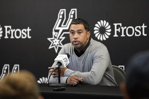 San Antonio Spurs general manager Brian Wright speaks with the media about the health and absence of coach Gregg Popovich.