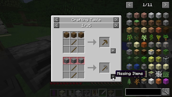 The Minecraft menu with Just Enough items installed, showing crafting recipes.