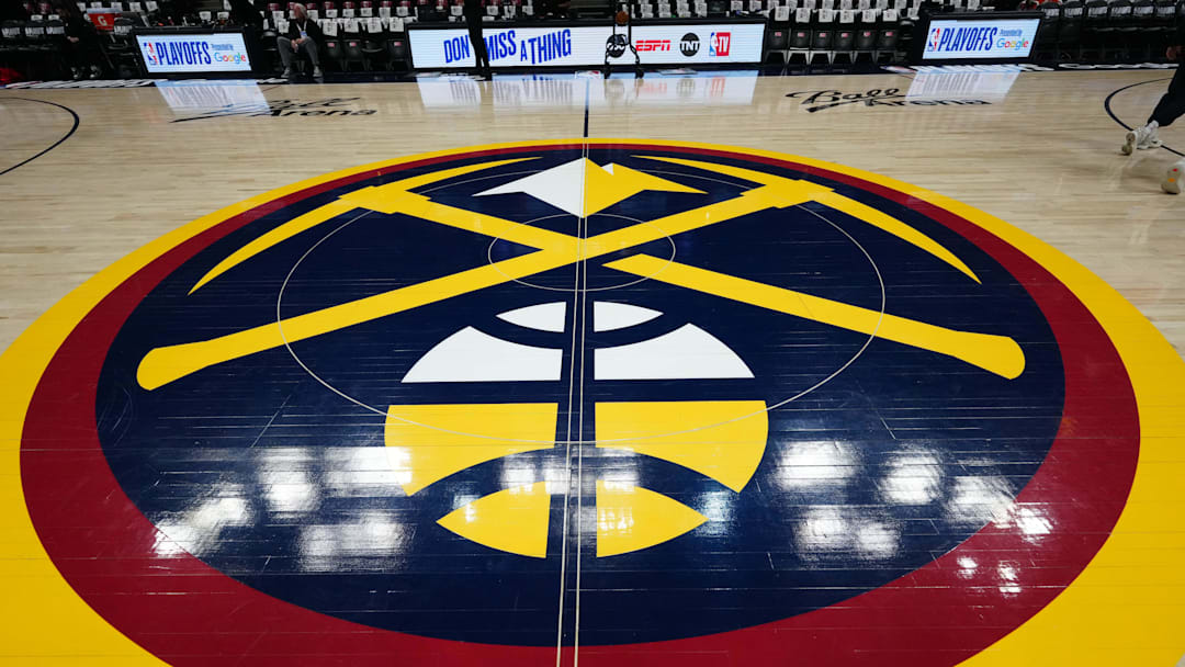 May 3, 2025; Denver, Colorado, USA; General view at center court of Ball Arena before the game between the LA Clippers against the Denver Nuggets during game seven of first round for the 2025 NBA Playoffs. Mandatory Credit: Ron Chenoy-Imagn Images