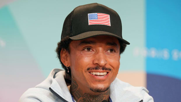 U.S. skateboarder Nyjah Huston at a Paris Olympics press conference.