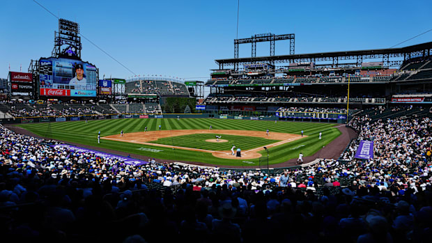 A wide angle view of Coors Field during a game between the Los Angeles Dodgers and the Colorado Rockies.