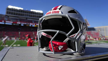 Oct 18, 2025; Madison, Wisconsin, USA; Detail view of an Ohio State Buckeyes helmet before the game against the Wisconsin Badgers at Camp Randall Stadium. Mandatory Credit: Jeff Hanisch-Imagn Images